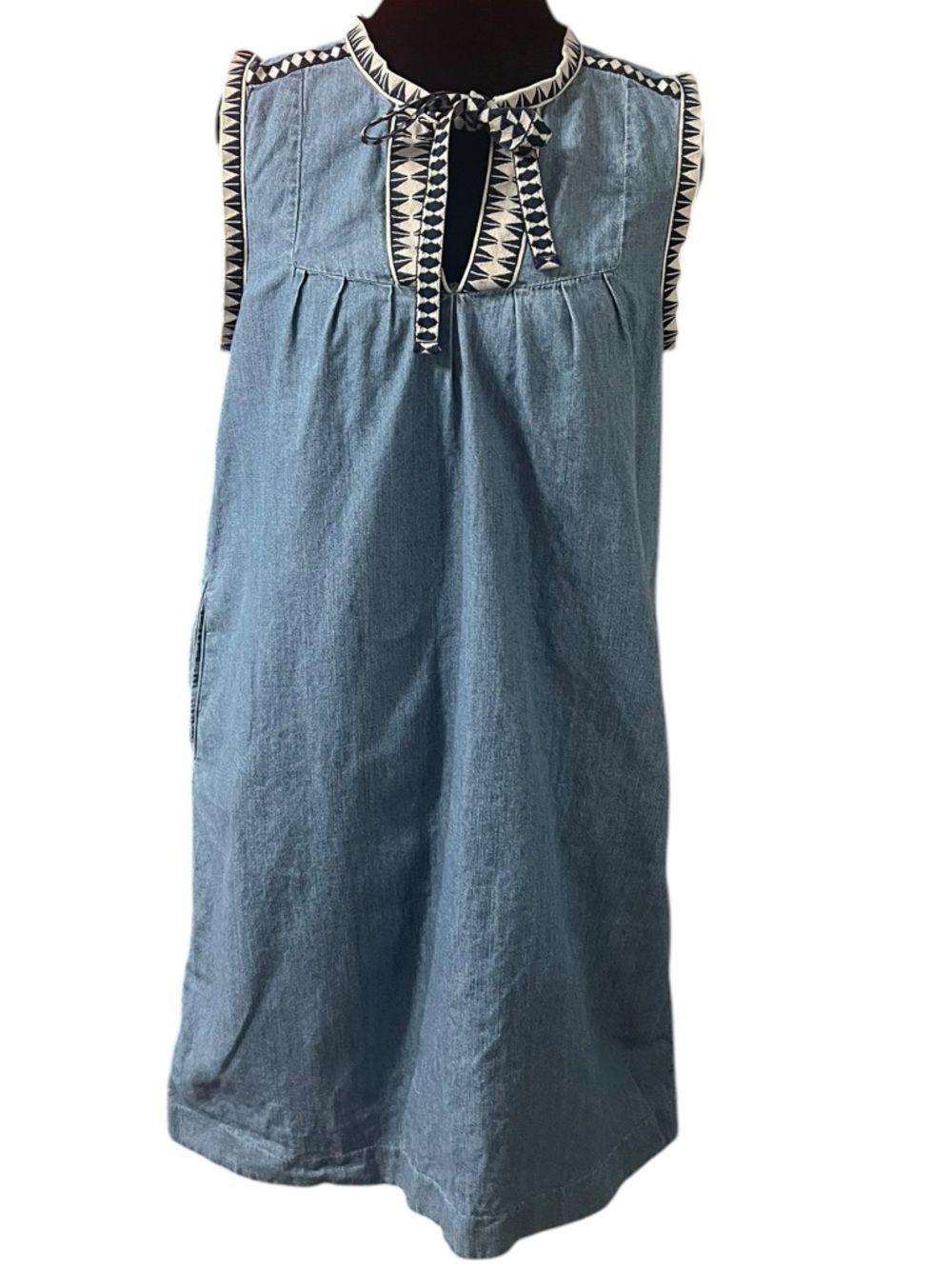 J. Crew Chambray Mini Dress with Black & White Geometric Trim